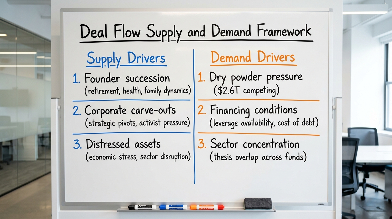 Deal Flow Supply and Demand Framework | Two-column comparison: LEFT COLUMN "Supply Drivers" with rows: 1. Founder succes
