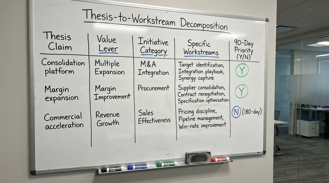 Thesis-to-Workstream Decomposition | TABLE with columns: Thesis Claim | Value Lever | Initiative Category | Specific Wor