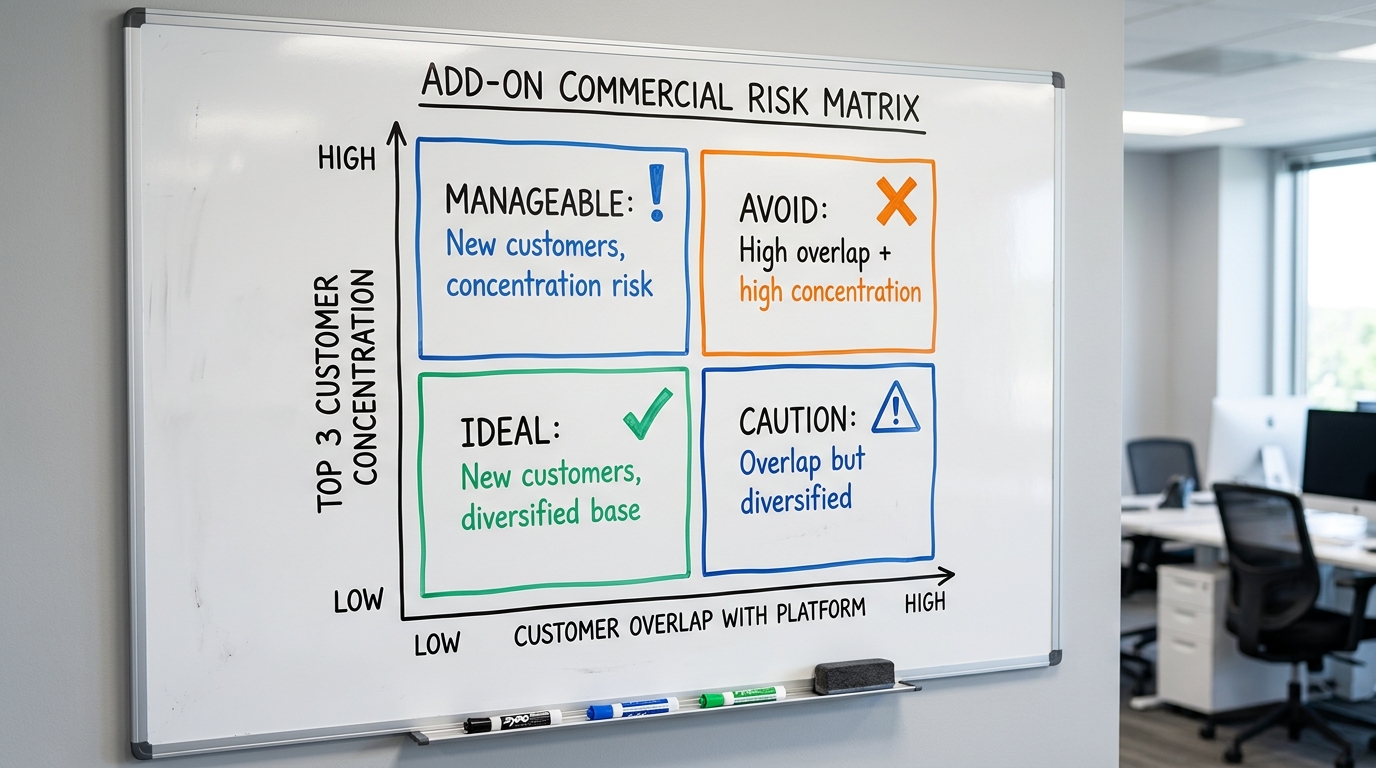 Add-On Commercial Risk Matrix | 4-quadrant grid with axes: "Customer Overlap with Platform" (Low to High) on X-axis, "To