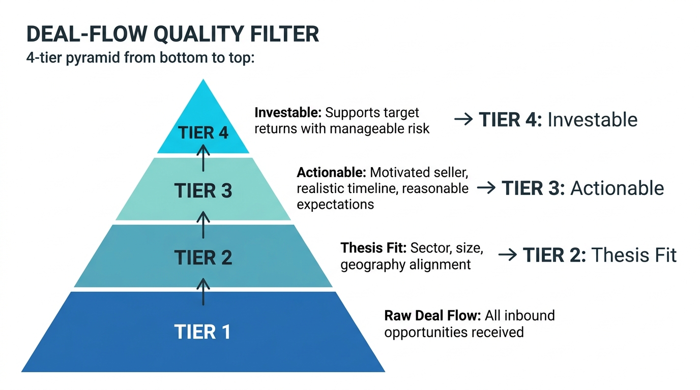 Deal-Flow Quality Filter | 4-tier pyramid from bottom to top: TIER 1 (base) "Raw Deal Flow: All inbound opportunities re