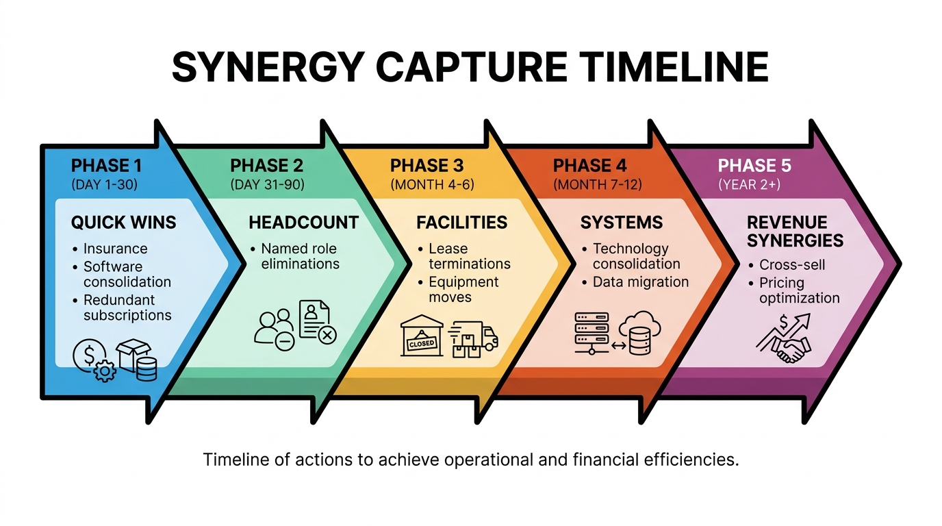 Synergy Capture Timeline | 5-phase horizontal arrow with labels: Phase 1 (Day 1-30) "Quick wins: insurance, software con
