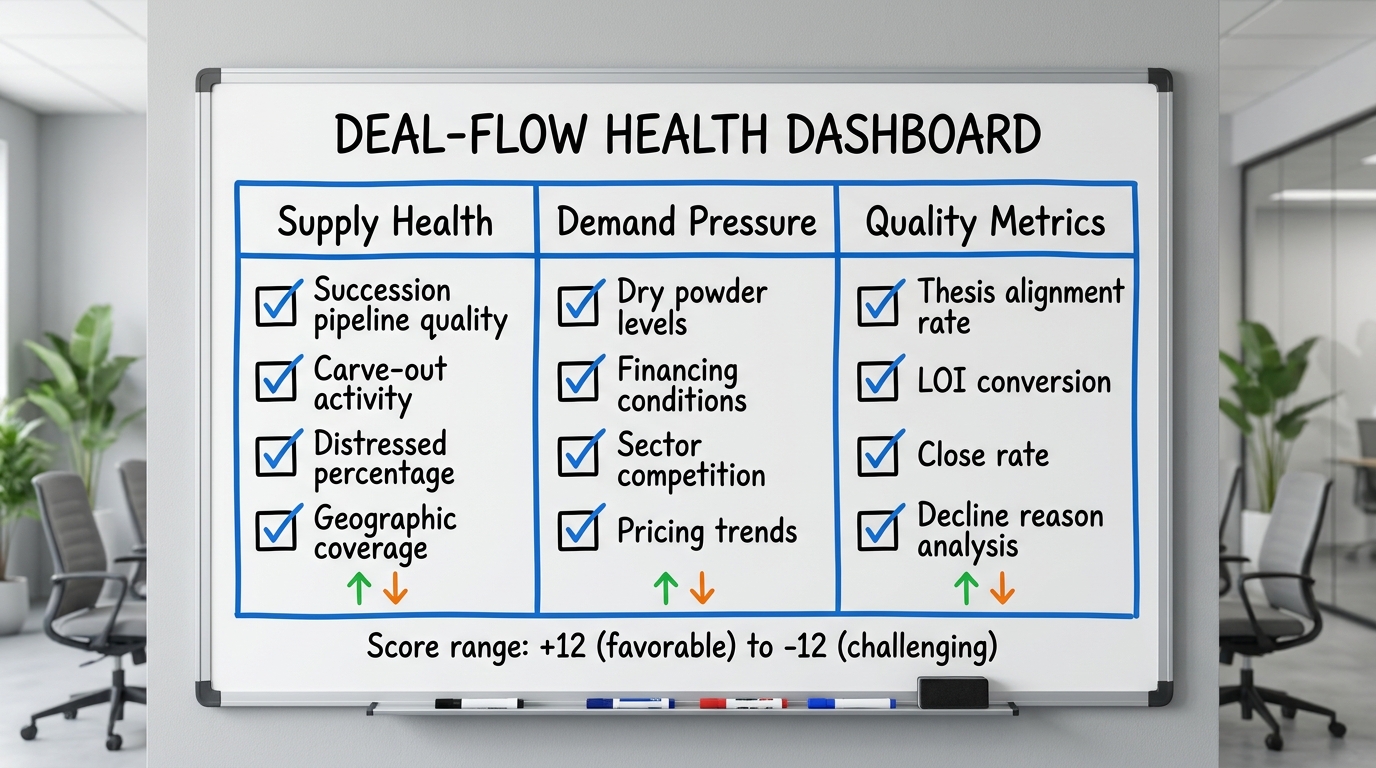 Deal-Flow Health Dashboard | Three-section grid: Section 1 "Supply Health" with checkboxes: Succession pipeline quality,