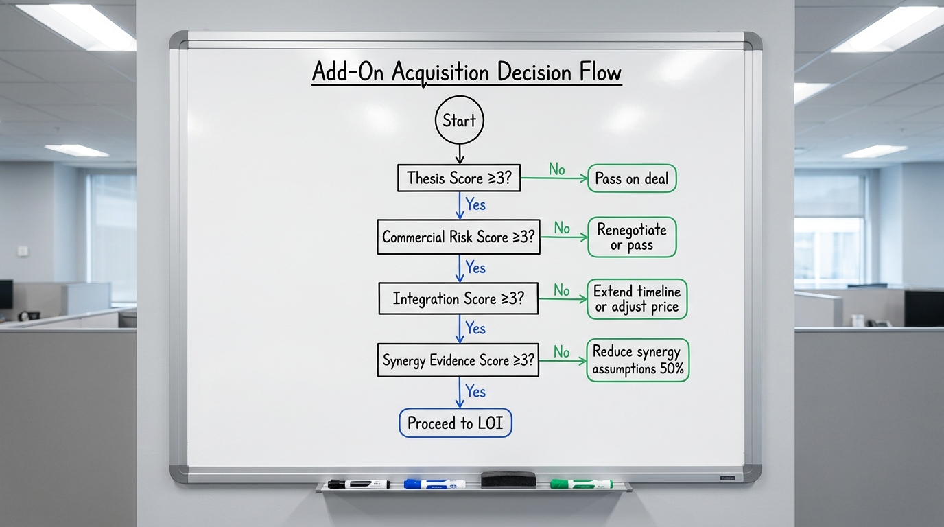 Add-On Acquisition Decision Flow | Flowchart with 4 decision points: Start → "Thesis Score ≥3?" (Yes/No) → If No: "Pass 
