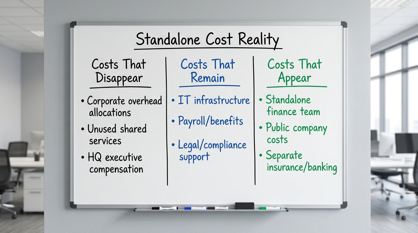 Standalone Cost Reality | Three-column comparison table: "Costs That Disappear" (Corporate overhead allocations, Unused