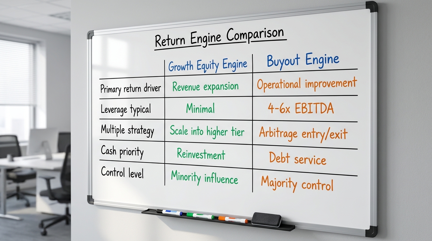 Return Engine Comparison | Two-column table with headers "Growth Equity Engine" and "Buyout Engine" — Rows: Primary retu