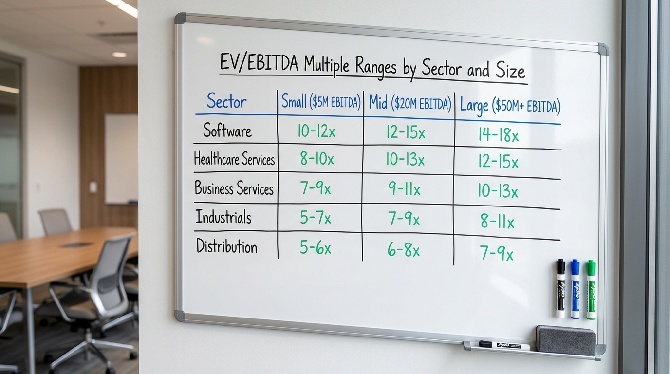 EV/EBITDA Multiple Ranges by Sector and Size | Table with columns: Sector | Small ($5M EBITDA) | Mid ($20M EBITDA) | Lar