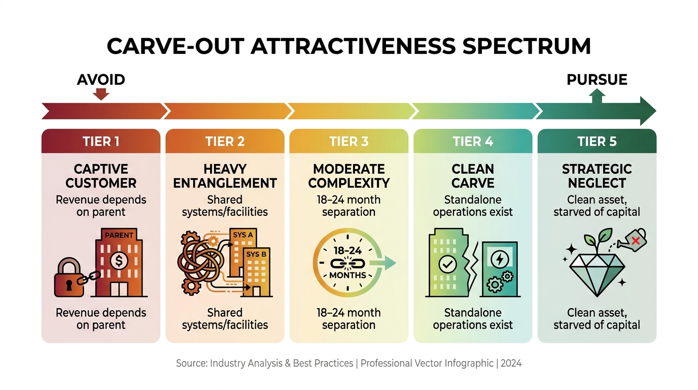Carve-Out Attractiveness Spectrum | 5-tier horizontal scale from left (Avoid) to right (Pursue): Tier 1 "Captive Custome