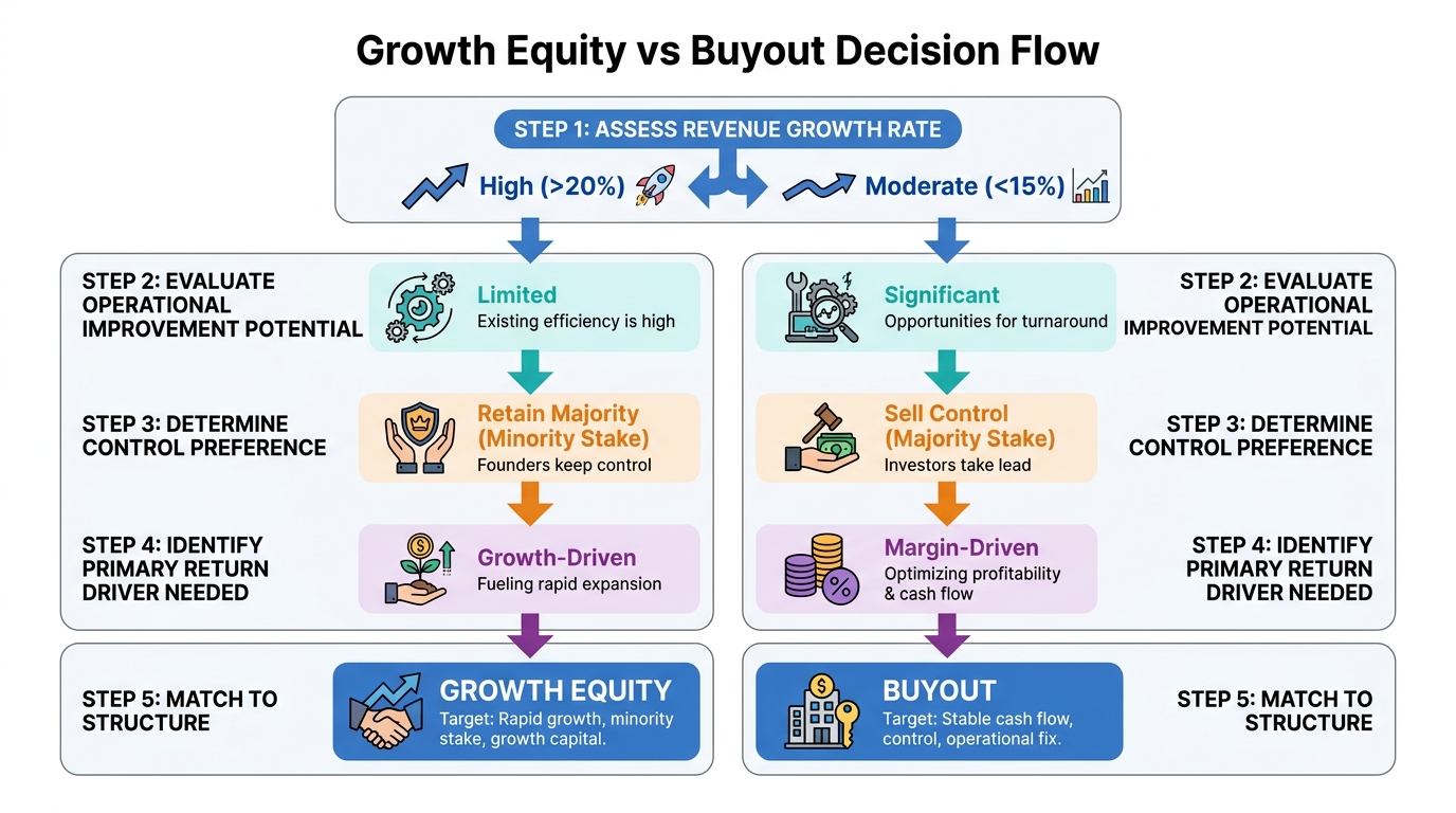 Growth Equity vs Buyout Decision Flow | 5-step vertical flow — Step 1: Assess revenue growth rate (>20% or <15%); Step 2