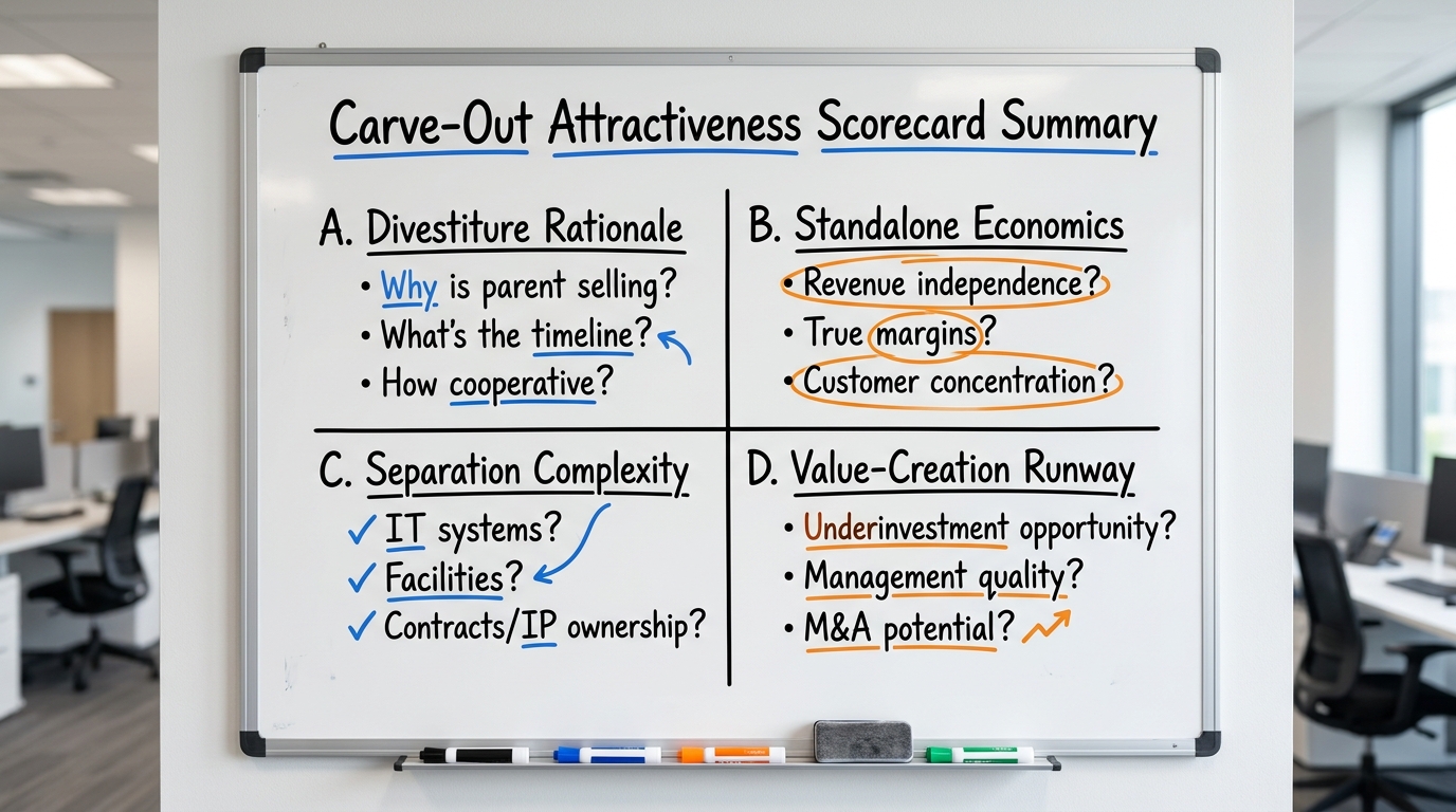 Carve-Out Attractiveness Scorecard Summary | Four-quadrant grid with Category labels and key questions: "A. Divestiture