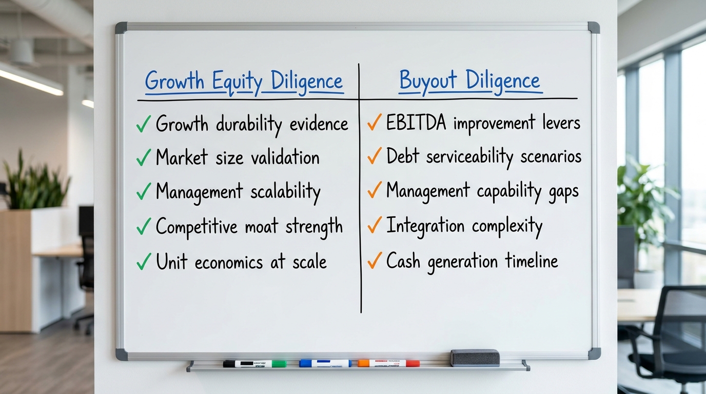 Due Diligence Questions by Structure | Two-column table with headers "Growth Equity Diligence" and "Buyout Diligence" — 