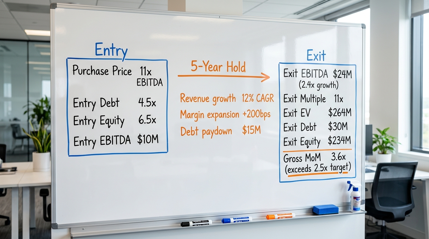 Return-Bridge Calculation Example at 11x Entry | Left box "Entry": Purchase Price 11x EBITDA, Entry Debt 4.5x, Entry Equ