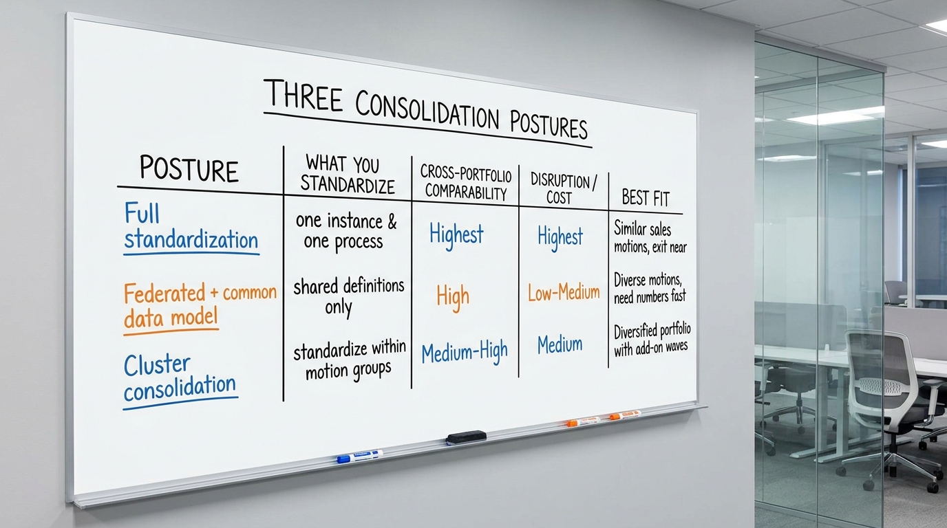 Three consolidation postures | a comparison TABLE with columns "Posture", "What you standardize", "Cross-portfolio compa