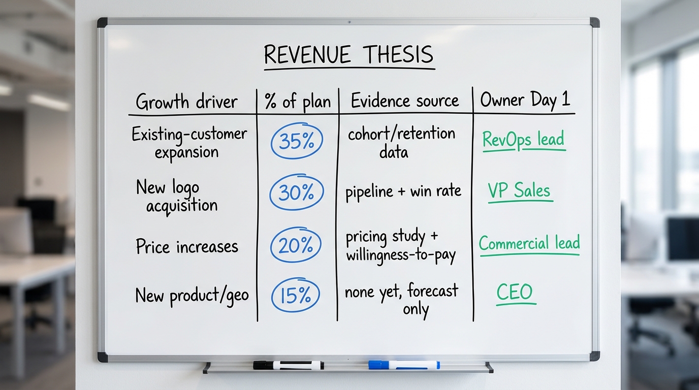 Decompose the Revenue Thesis | a TABLE with columns "Growth driver | % of plan | Evidence source | Owner Day 1" and rows