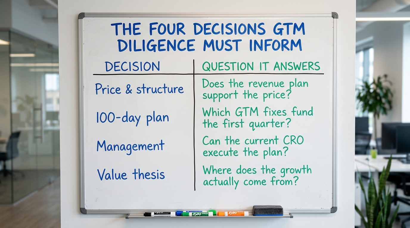 The four decisions GTM diligence must inform | TABLE with columns "Decision" and "Question it answers" and rows: Price &