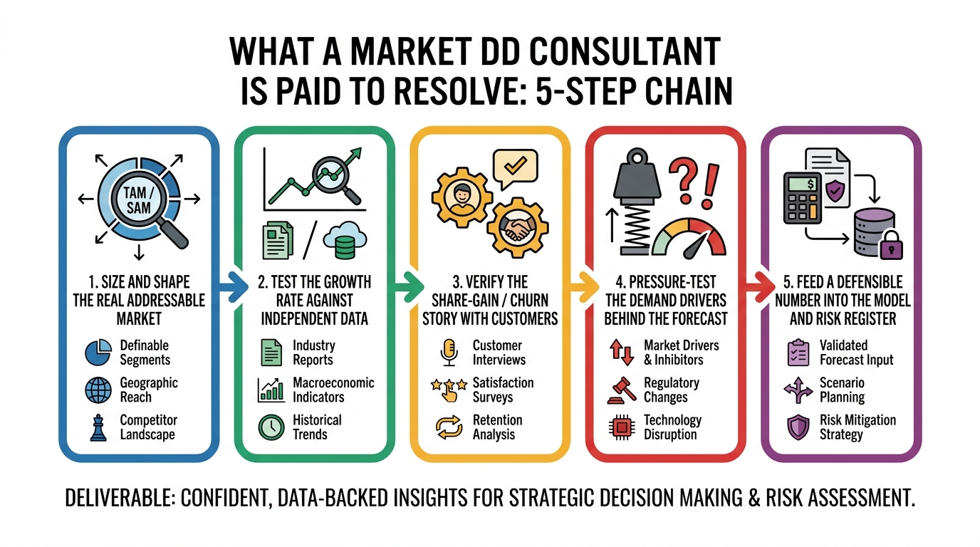 What a Market DD Consultant Is Paid to Resolve | 5-step chain: 1. Size and shape the real addressable market → 2. Test t