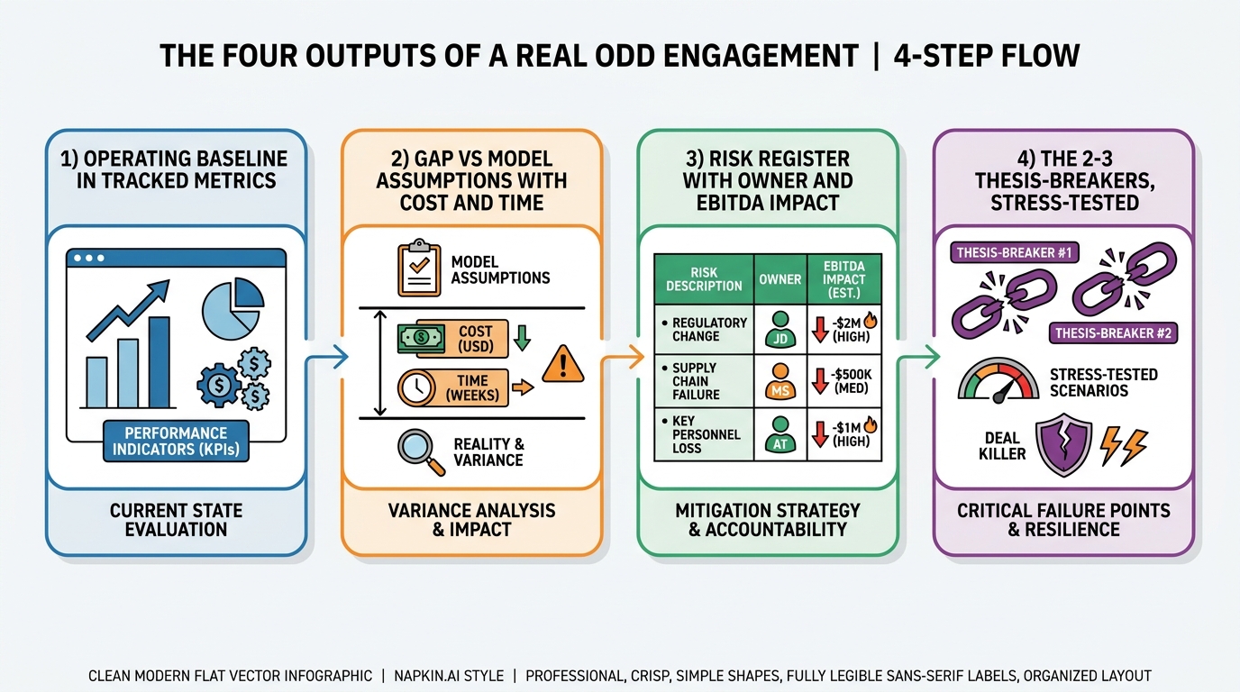 The four outputs of a real ODD engagement | 4-step flow: 1) Operating baseline in tracked metrics, 2) Gap vs model assum