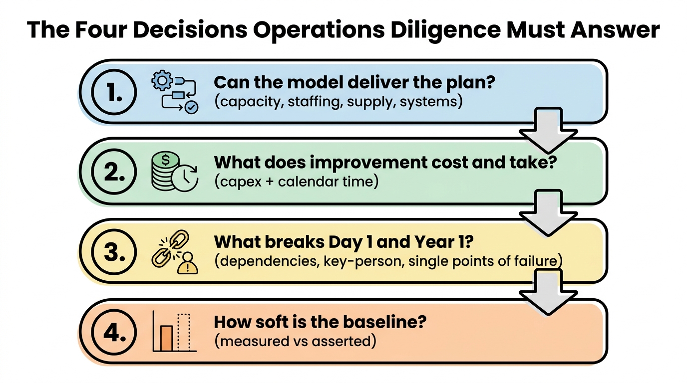 The Four Decisions Operations Diligence Must Answer | 4-step vertical flow: 1. Can the model deliver the plan? (capacity