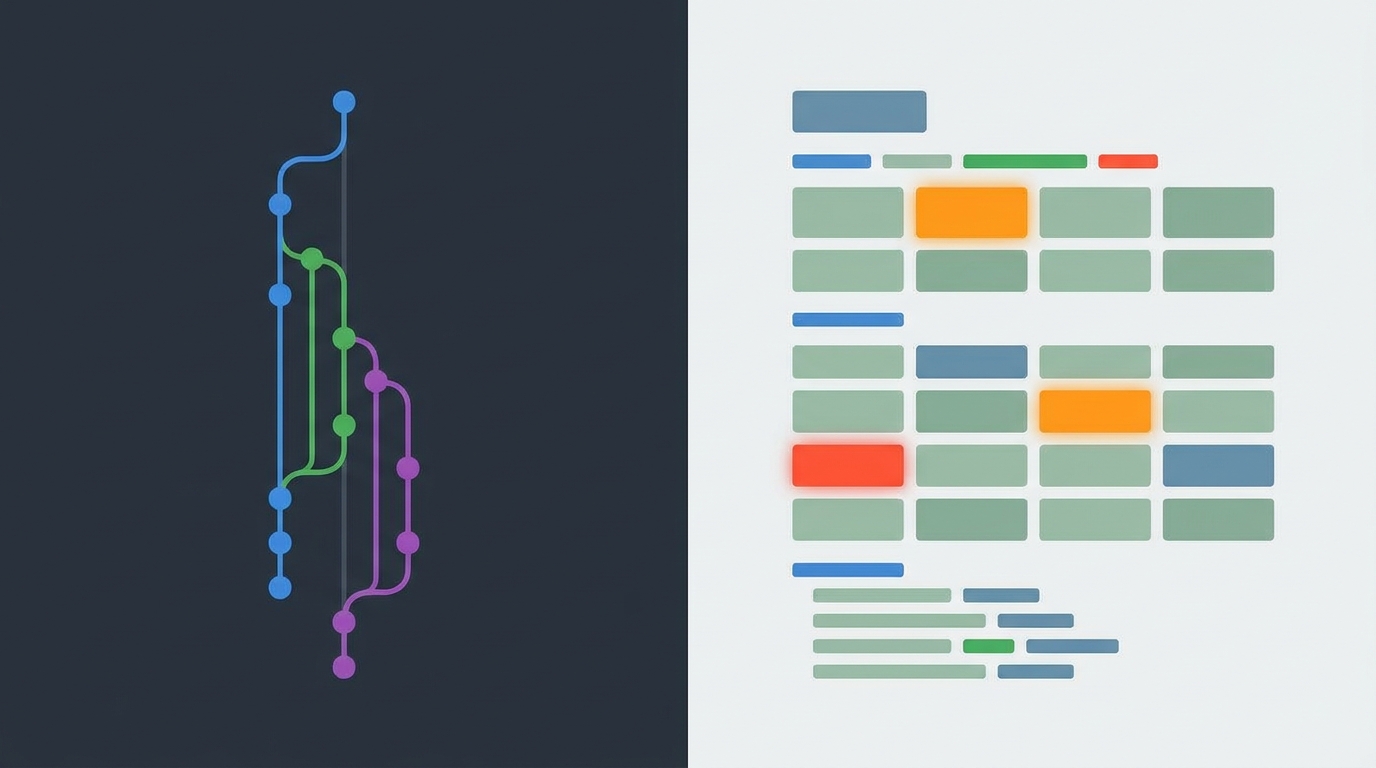 Split-screen view showing a GitHub commit history graph on one side and a dependencies manifest file with outdated package versions highlighted on the other, representing the first two artifacts opened in technical due diligence