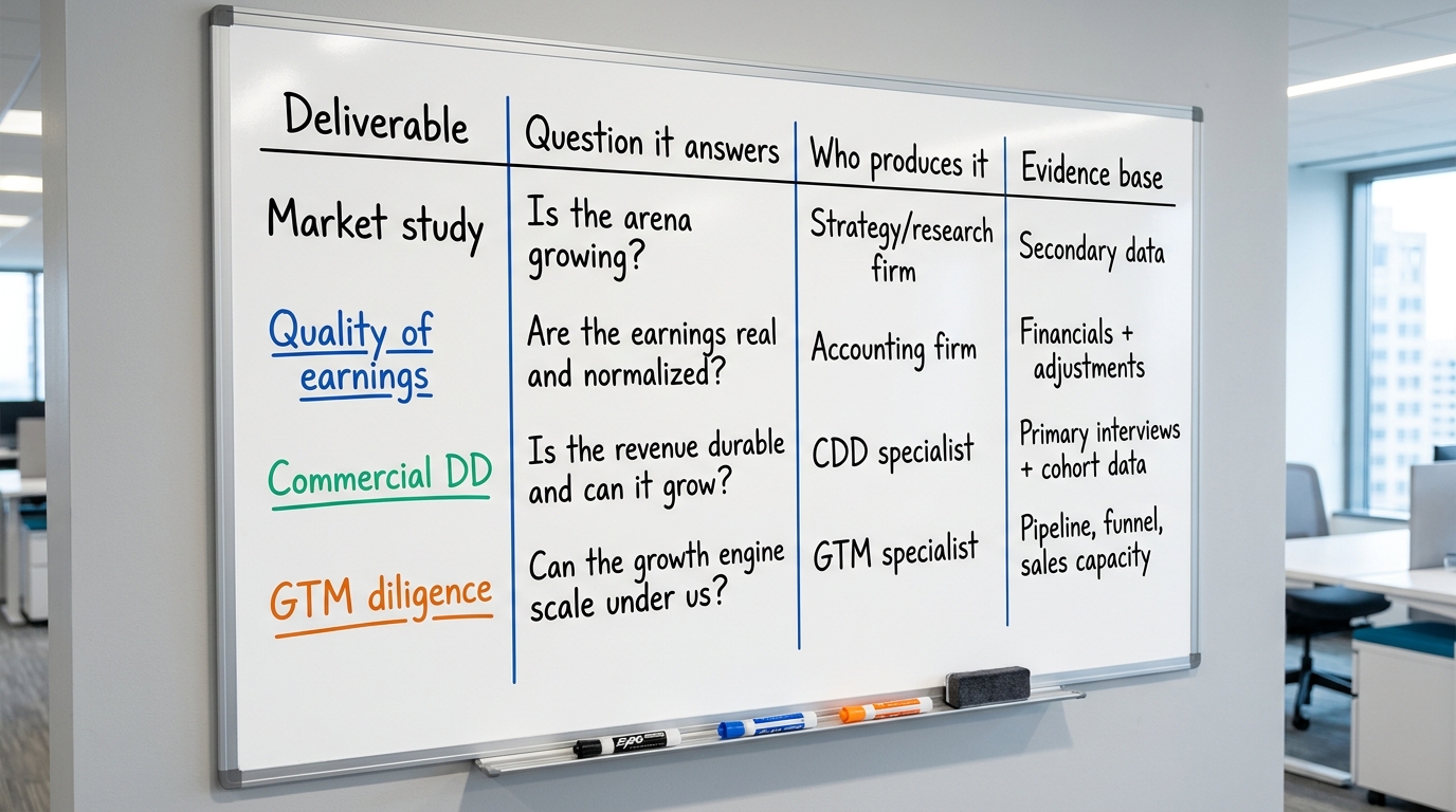 Three studies, three jobs | comparison TABLE with columns "Deliverable | Question it answers | Who produces it | Evidenc