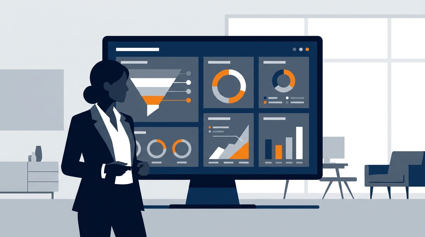 Private equity operating partner reviewing sales pipeline data and commercial metrics dashboard