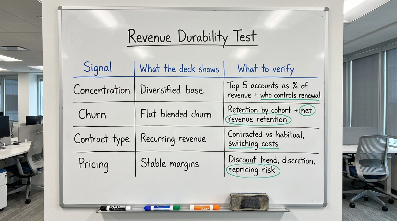 Revenue Durability Test | TABLE with columns "Signal | What the deck shows | What to verify" and rows: "Concentration | 