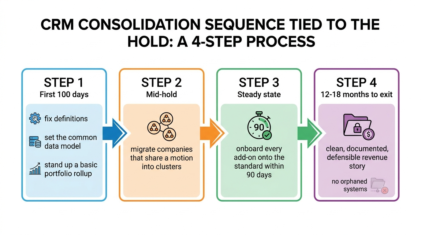 CRM consolidation sequence tied to the hold | a 4-step process: "Step 1, First 100 days: fix definitions, set the common