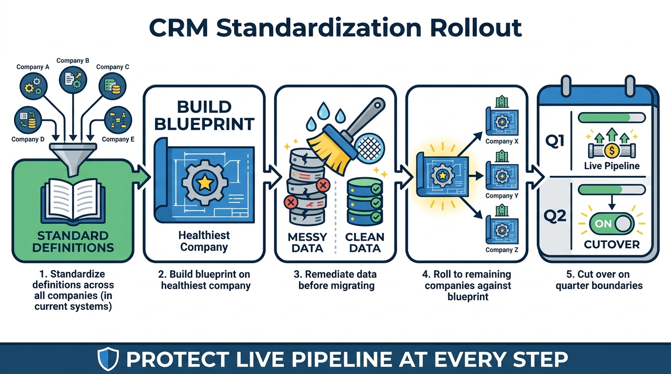 CRM Standardization Rollout Sequence | 5 steps left to right, 1. Standardize definitions across all companies (in curren