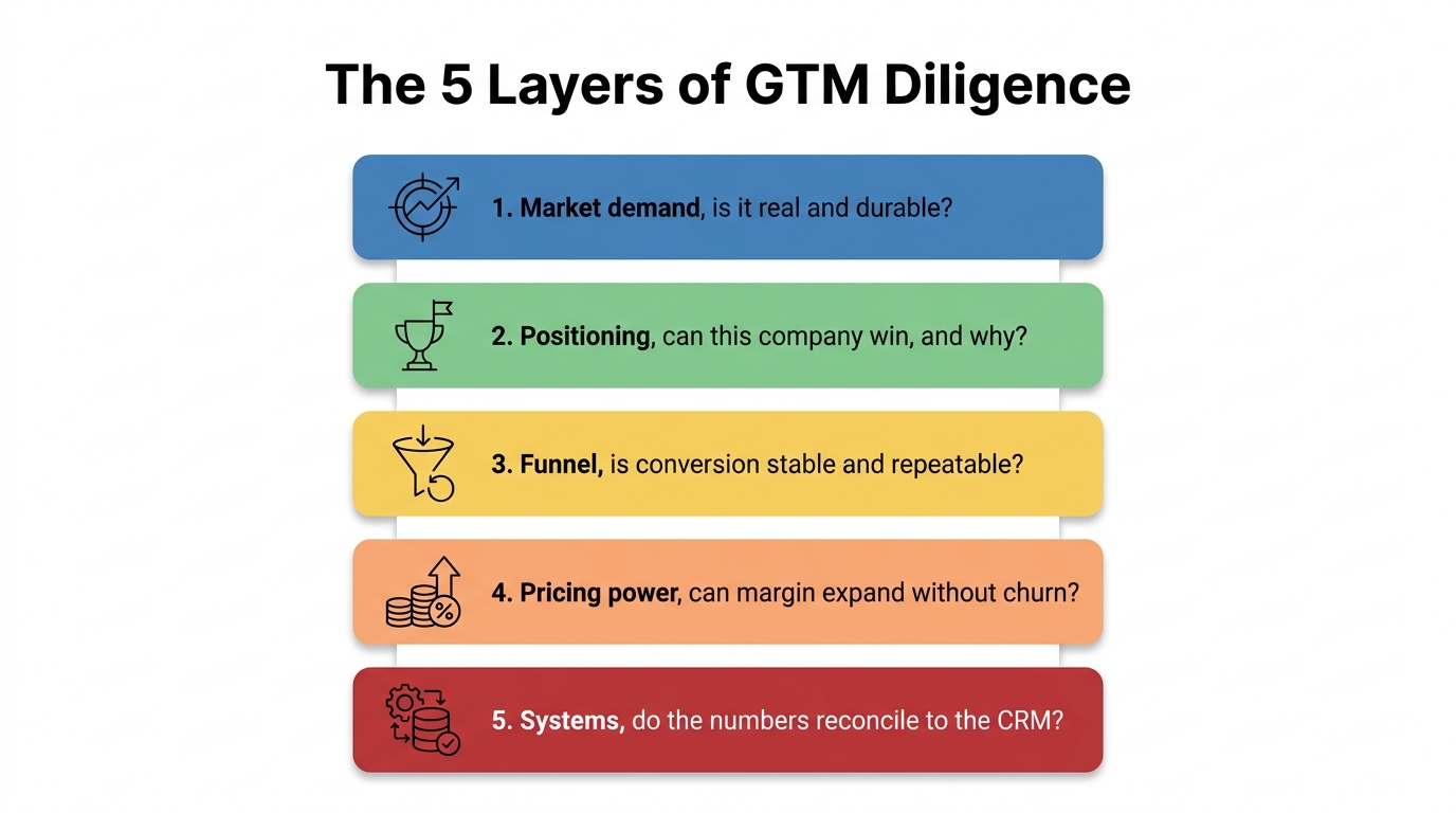 The 5 Layers of GTM Diligence | a 5-step stack labeled "1. Market demand, is it real and durable?", "2. Positioning, can