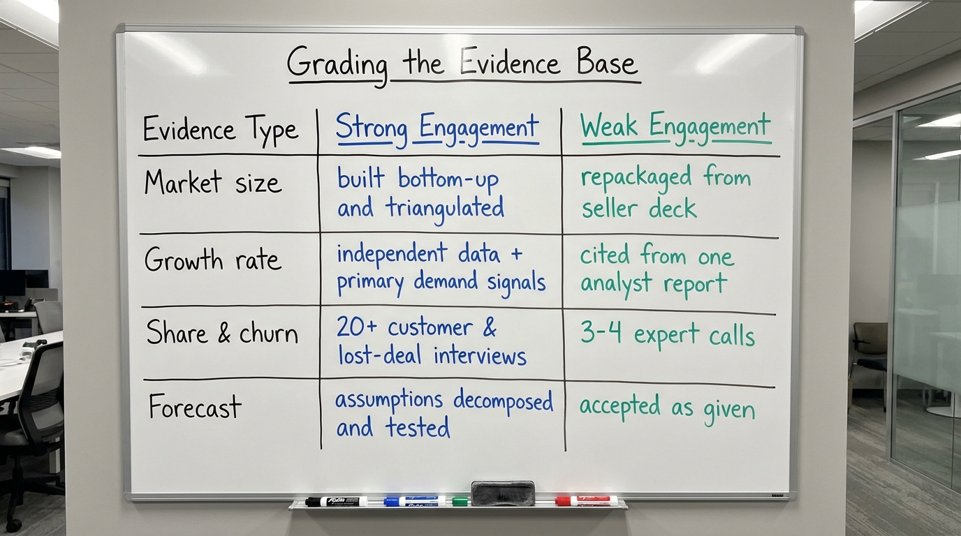 Grading the Evidence Base | TABLE with columns: Evidence Type | Strong Engagement | Weak Engagement. Rows: Market size,