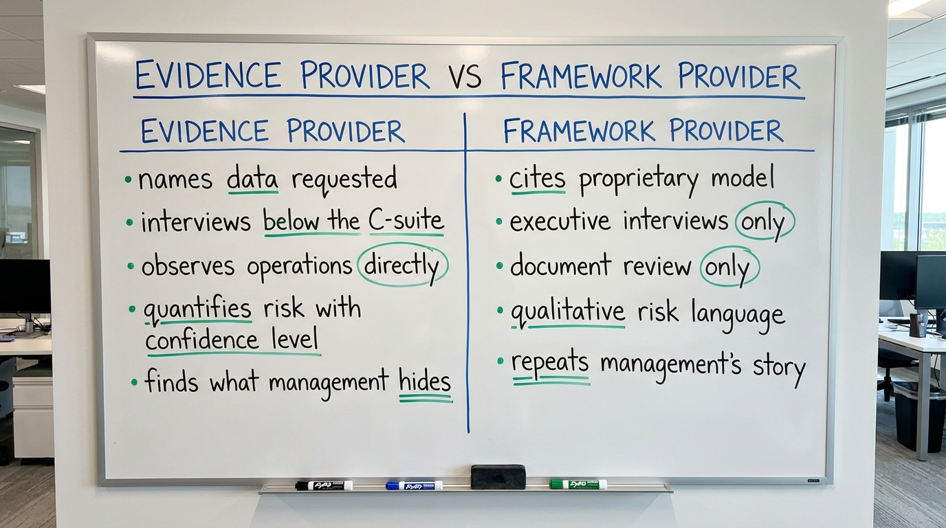 Evidence provider vs framework provider | Two-column comparison. Left "Evidence provider": names data requested; intervi