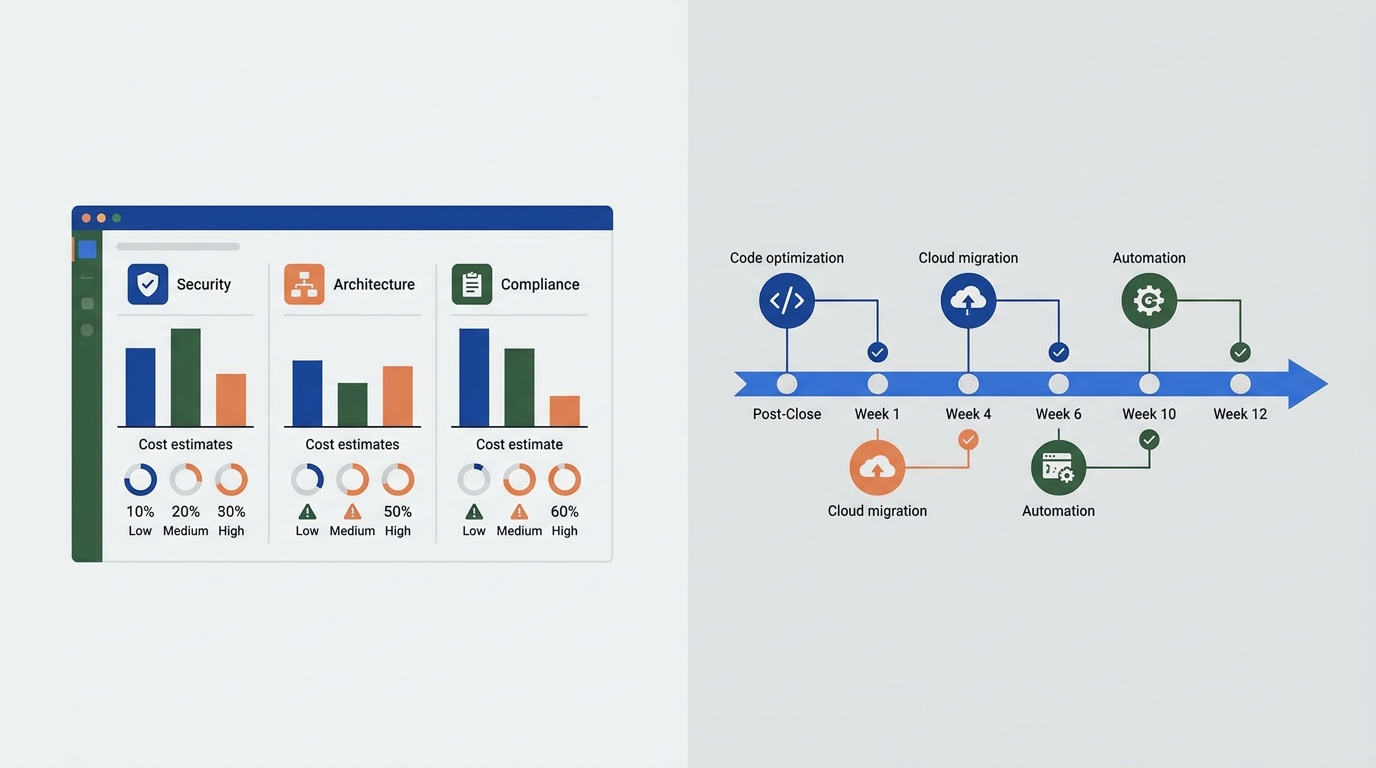 Technical due diligence report summary page showing categorized findings with estimated remediation costs and risk levels, alongside a value creation timeline showing when each item gets addressed post-close