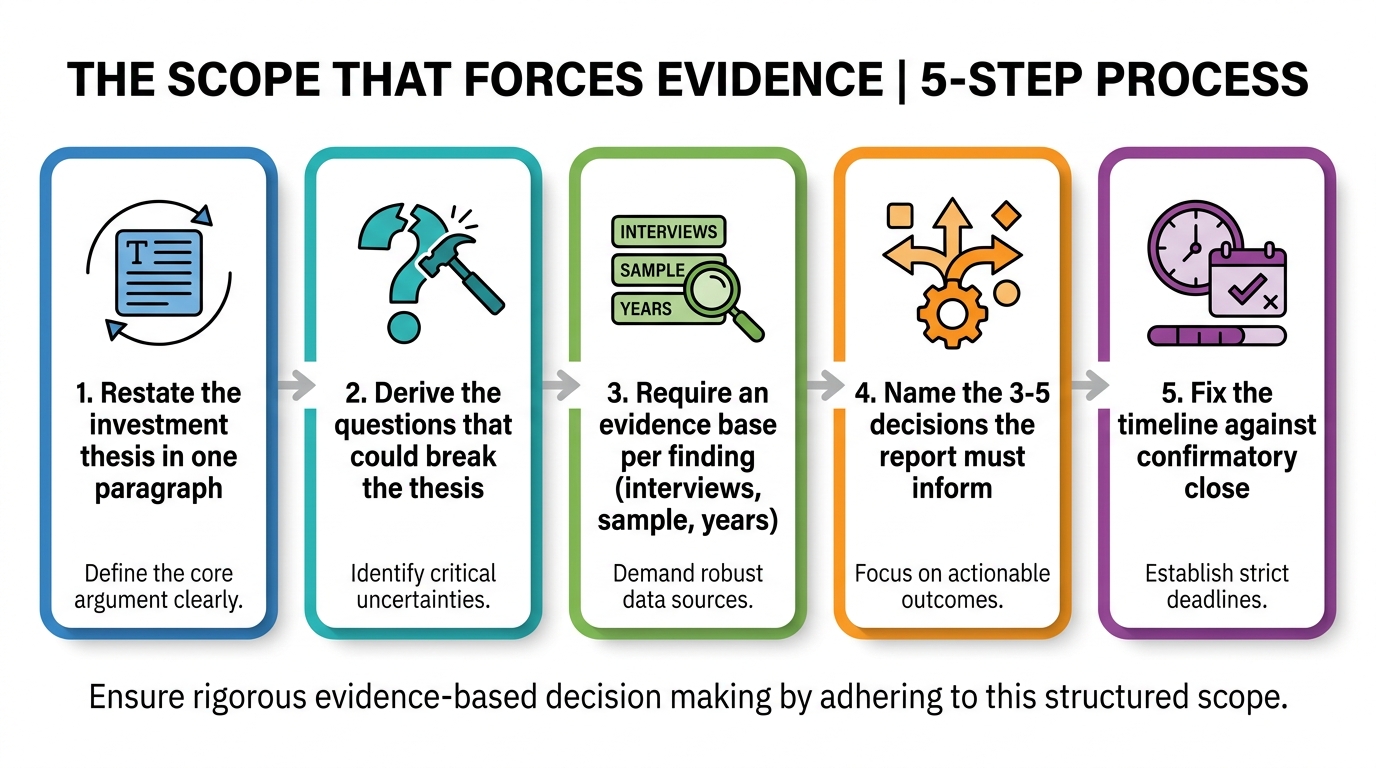 The scope that forces evidence | 5-step process with labels "1. Restate the investment thesis in one paragraph", "2. Der