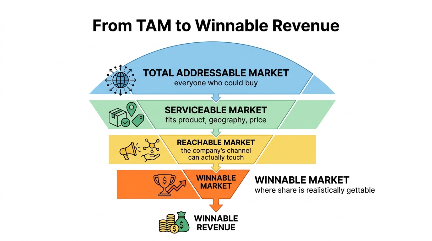 From TAM to Winnable Revenue | 4-tier funnel, top to bottom: "Total Addressable Market, everyone who could buy", "Servic