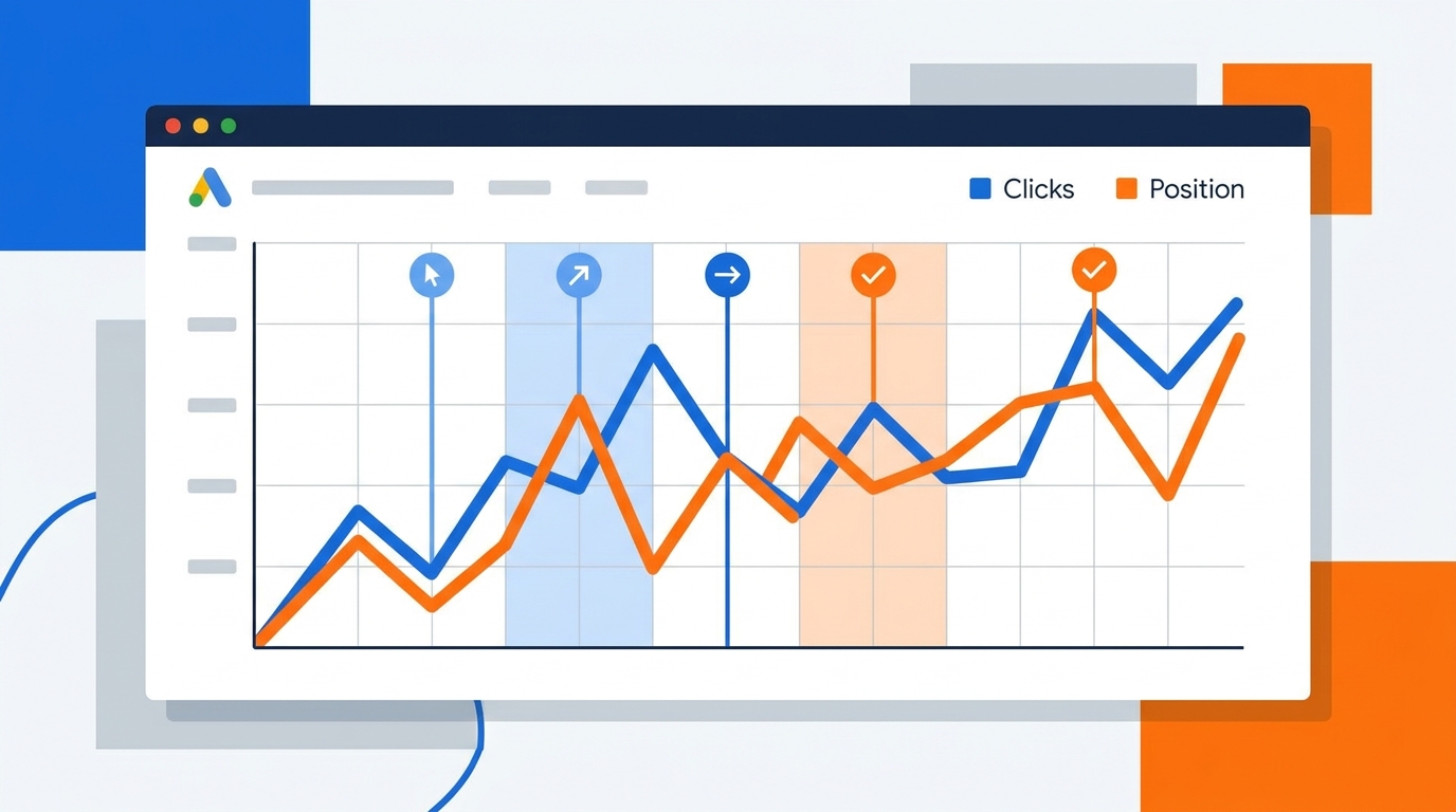 Google Search Console interface showing organic click and position trends during a staged redirect migration, with annotations marking redirect batches and traffic stability checkpoints