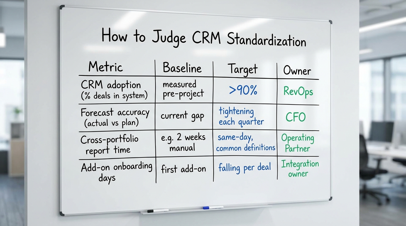 How to Judge CRM Standardization | table with columns "Metric | Baseline | Target | Owner" and rows: CRM adoption (% dea