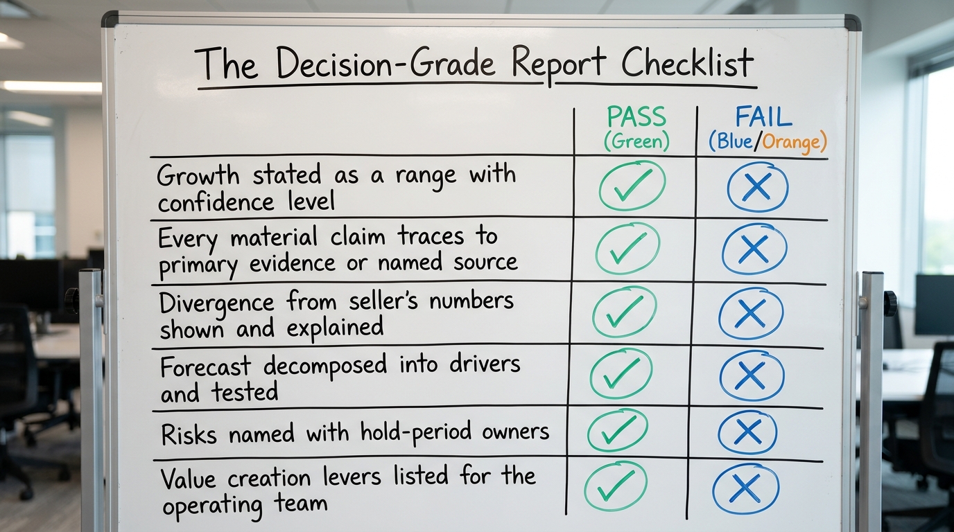 The Decision-Grade Report Checklist | 6 rows with pass/fail marks: Growth stated as a range with confidence level; Every