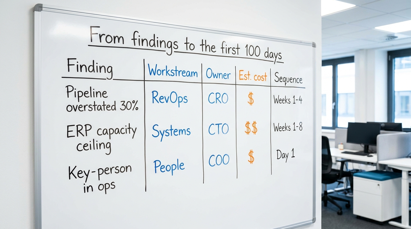 From findings to the first 100 days | A table with columns: Finding | Workstream | Owner | Est. cost | Sequence. Rows: "