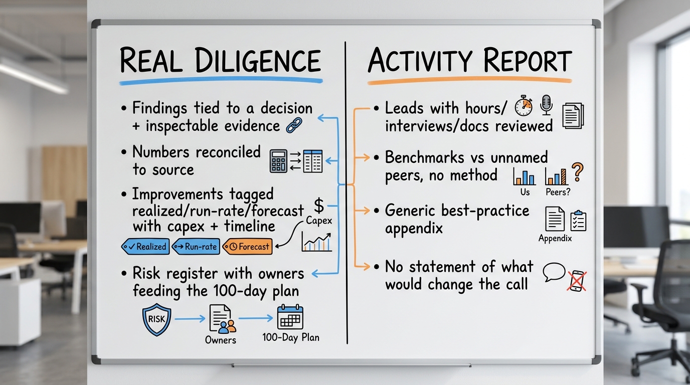 Real Diligence vs Activity Report | two-column comparison. Left "Real product": findings tied to a decision + inspectabl