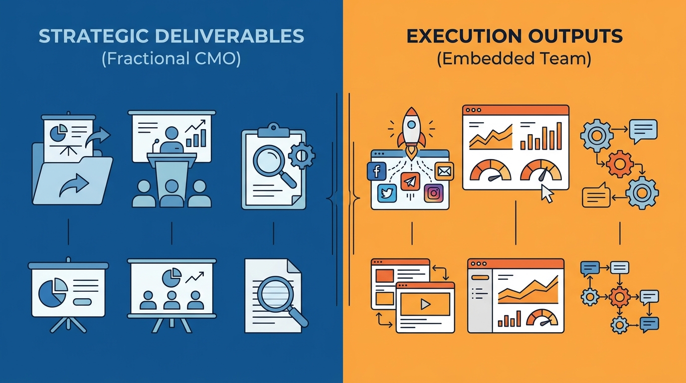 Split-screen comparison showing fractional CMO strategic deliverables on left (strategy deck, board presentation, audit report) versus embedded team execution outputs on right (live campaigns, tracking dashboards, automated nurture flows)
