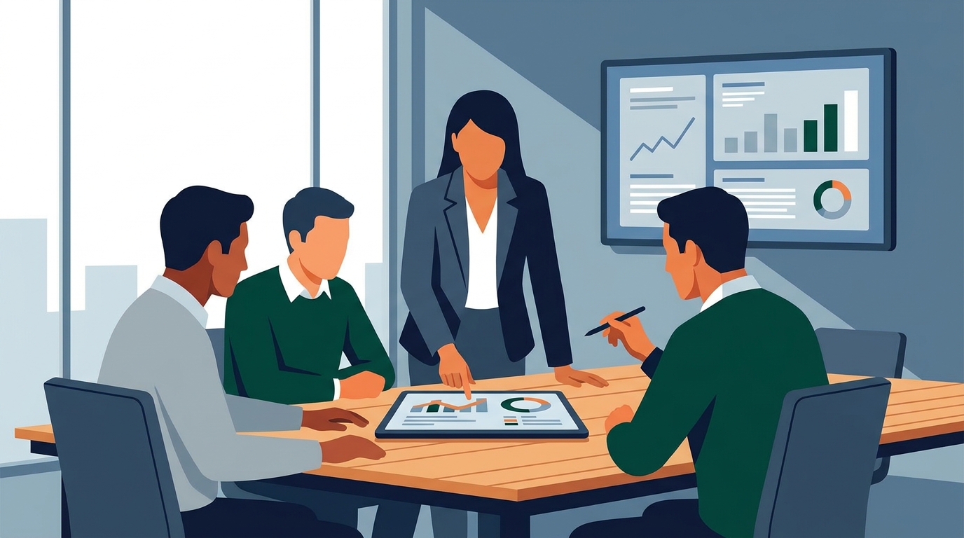 Deal partner reviewing technical findings report with engineering team in a modern office setting, clean professional aesthetic